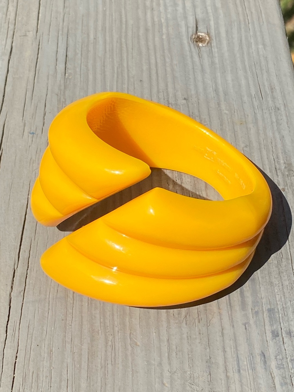 Vintage West Germany Jo Chunky Bright Yellow Lucite Bracelet Ribbed Wave Cuff
